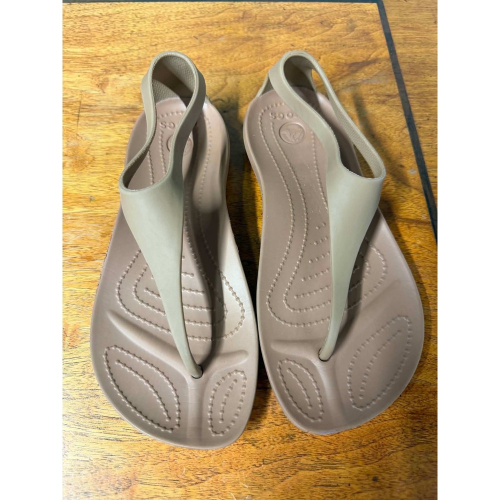 Crocs Womens 4 Tan Sexi Flip Sandals Ankle Strap Thong Flat Comfort